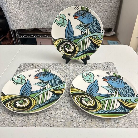 Anthropologie Blue Green Koi Fish Set of 3 Salad Dessert Plates Modern Statement - Picture 1 of 6